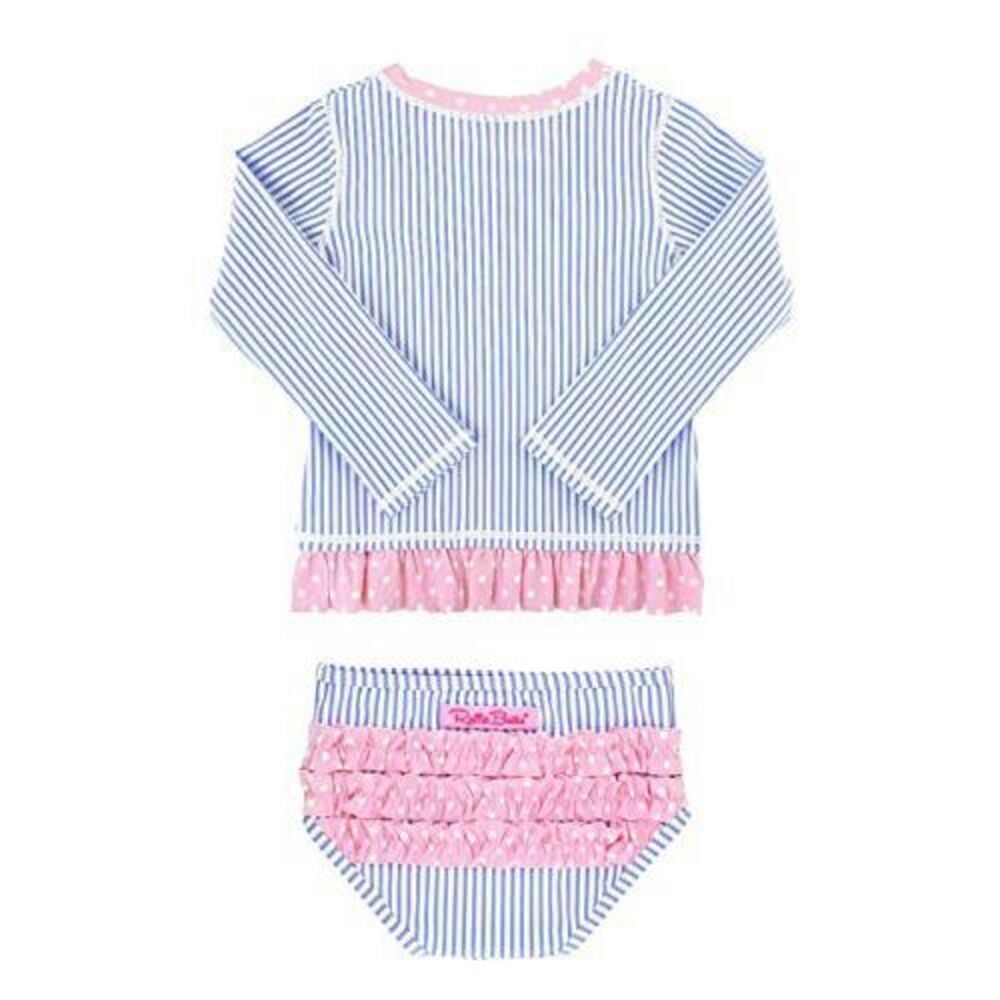 RuffleButts Toddler Girls Periwinkle Seersucker Long Sleeve Rash Guard Bikini Si